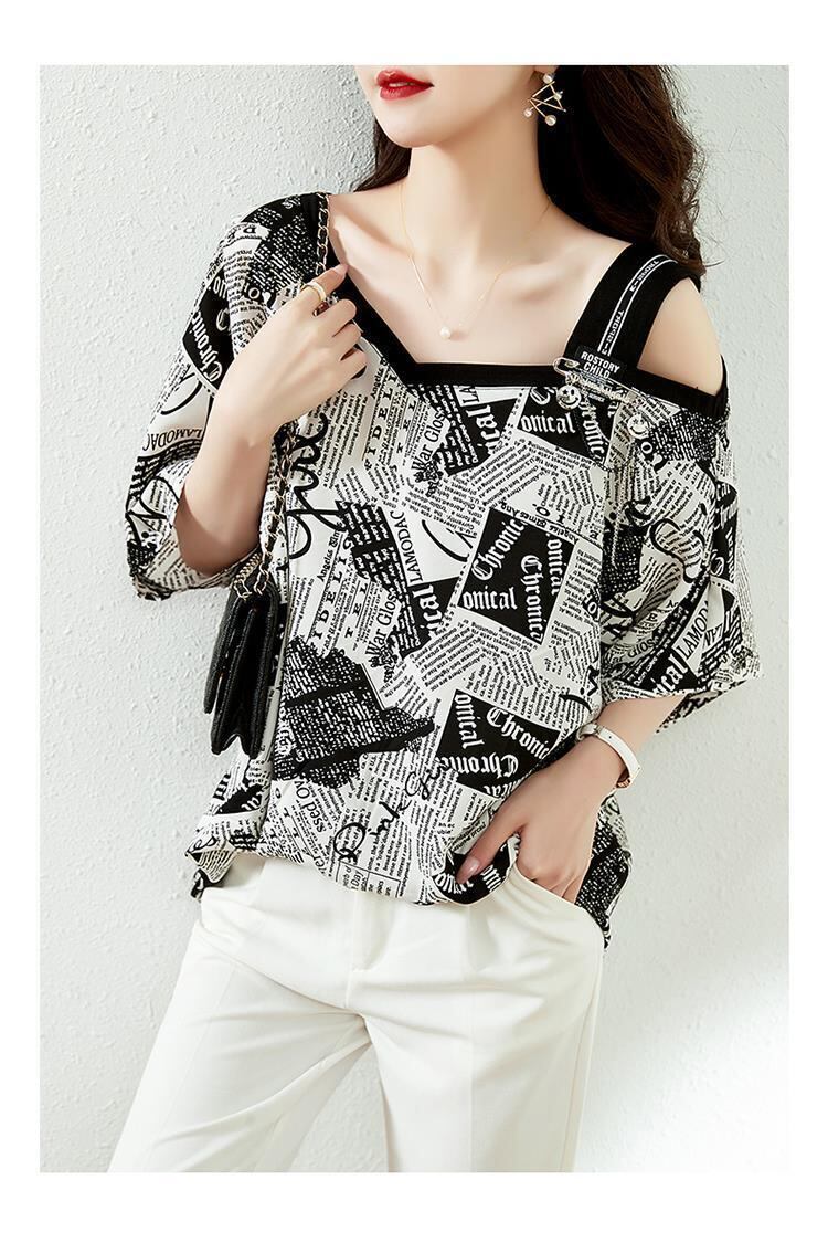 【半額！期間限定！！】絶対流行 特別デザイン 個性派 シフォン プリント 半袖Tシャツ＜S-8610＞