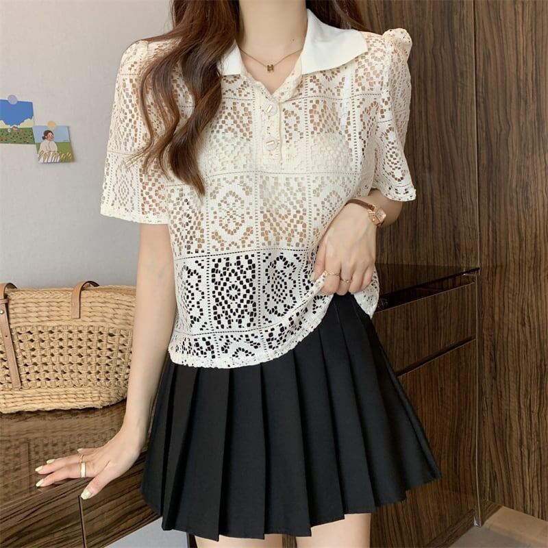 ファッション 透かし彫り 美人度アップ POLOネック Tシャツ カットソー＜S-3234＞
