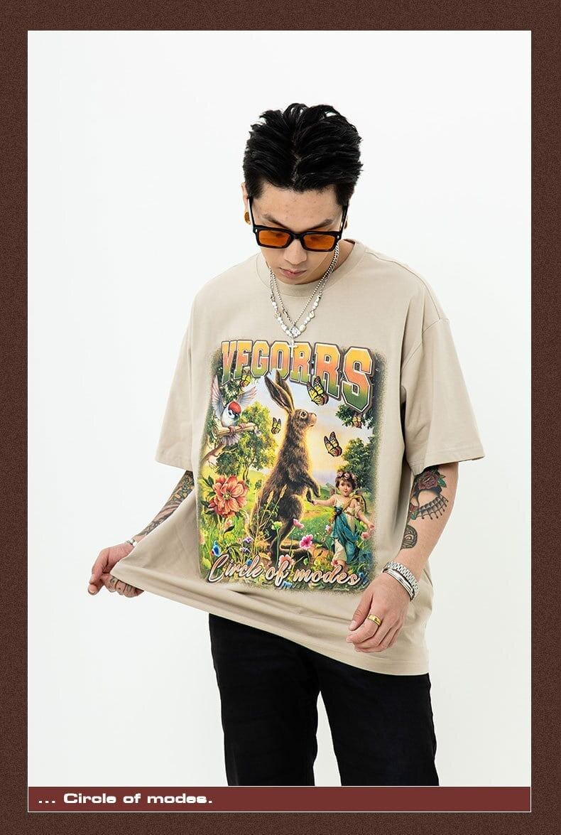 アメリカンレトロ絵画ウサギ半袖Tシャツカップル男女同スタイル<S-2910>