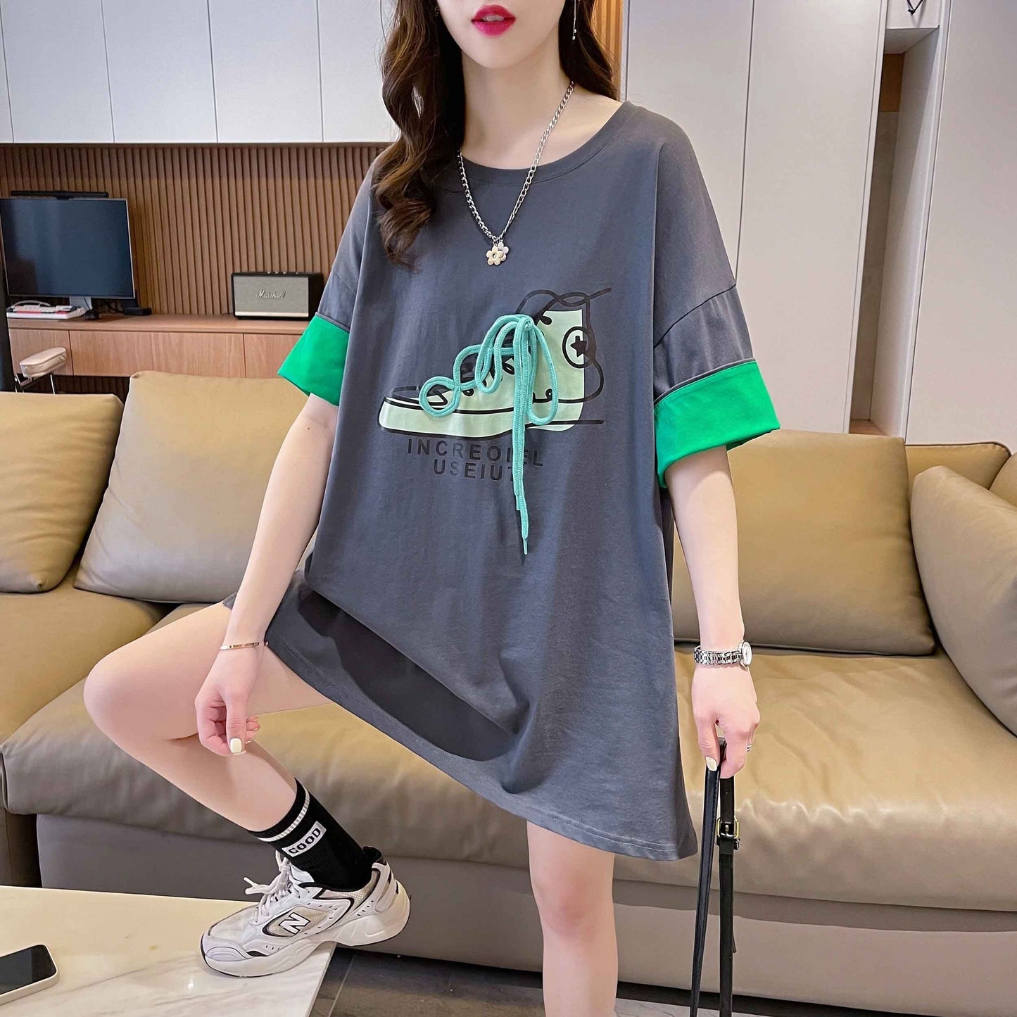 韓国系 プリント ラウンドネック ロング Tシャツ ゆったり半袖 ＜S-2988＞