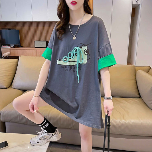 韓国系 プリント ラウンドネック ロング Tシャツ ゆったり半袖 ＜S-2988＞
