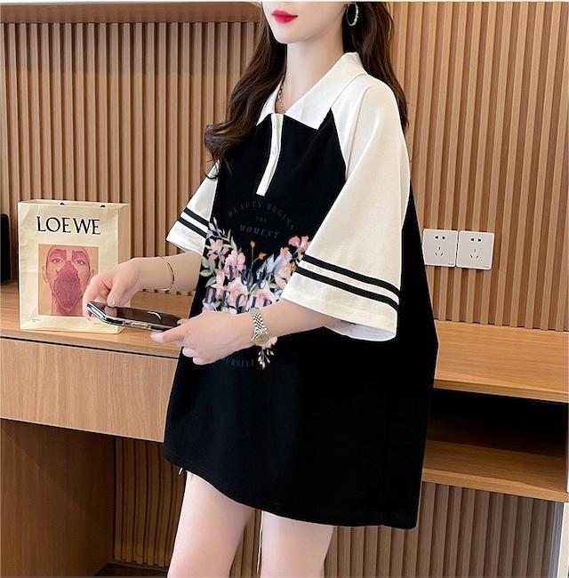 POLOネック プリント バタフライ ロング ラグランTシャツ ゆったりワンピース ＜S-3023＞