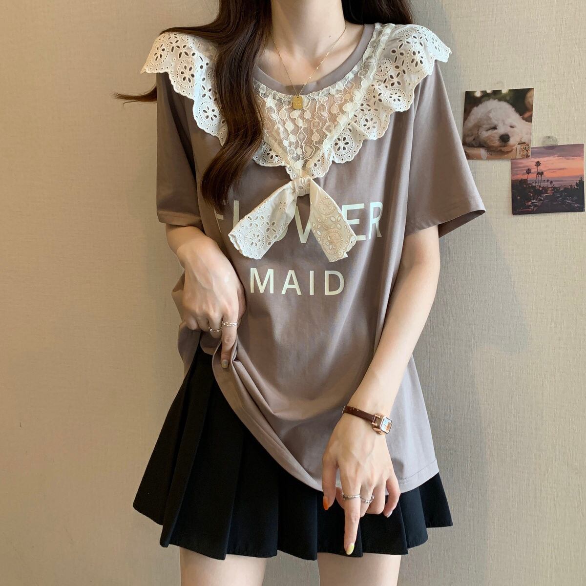 超人気 レース スウィート 切り替え プリント 3色選択 半袖Tシャツ＜S-8825＞