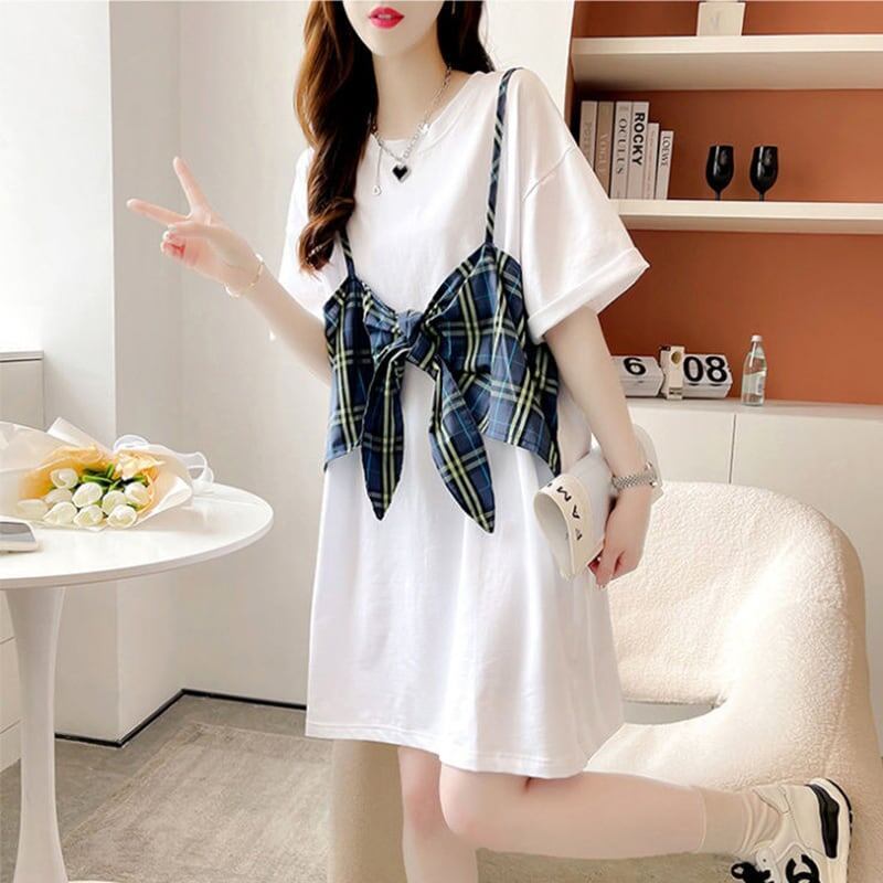美人度アップ プリント 美腿効果抜群 Tシャツ カットソー ワンピース＜S-3357＞