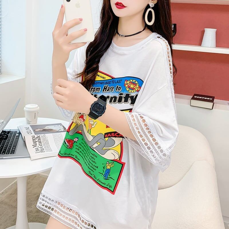 デザインセンス中空プリントTシャツルーズトップス<S-2877>
