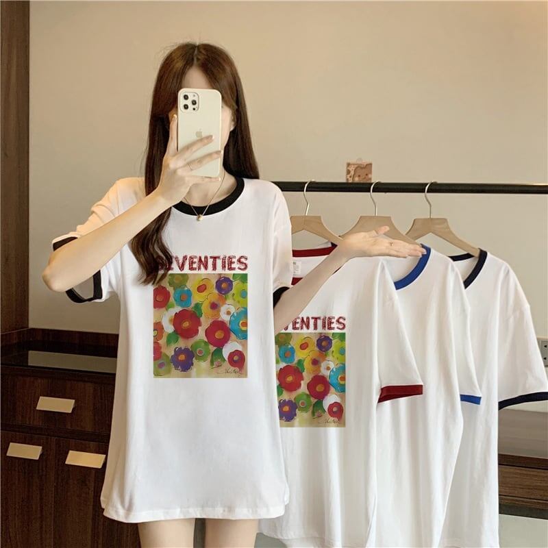 着?せ 配色 プリント ロング Tシャツ 四色 ゆったり半袖 ＜S-3019＞
