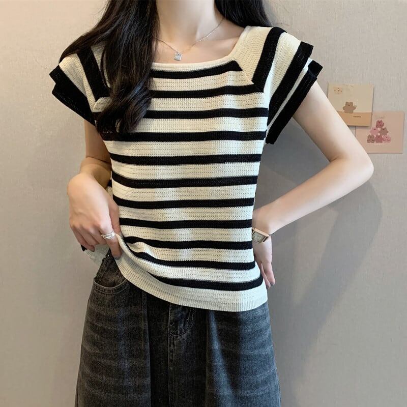 今季マストバイ ファッション カジュアル エレガント ストライプ柄 Tシャツ<S-8339>