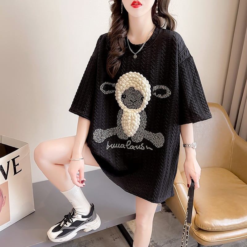 高級立体ハンドビーズコットン半袖Tシャツ<S-2998>