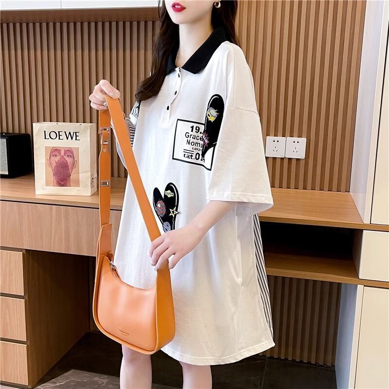 POLOネック 切り替え ストライプ柄 ロング Tシャツ ゆったりワンピース ＜S-3031＞