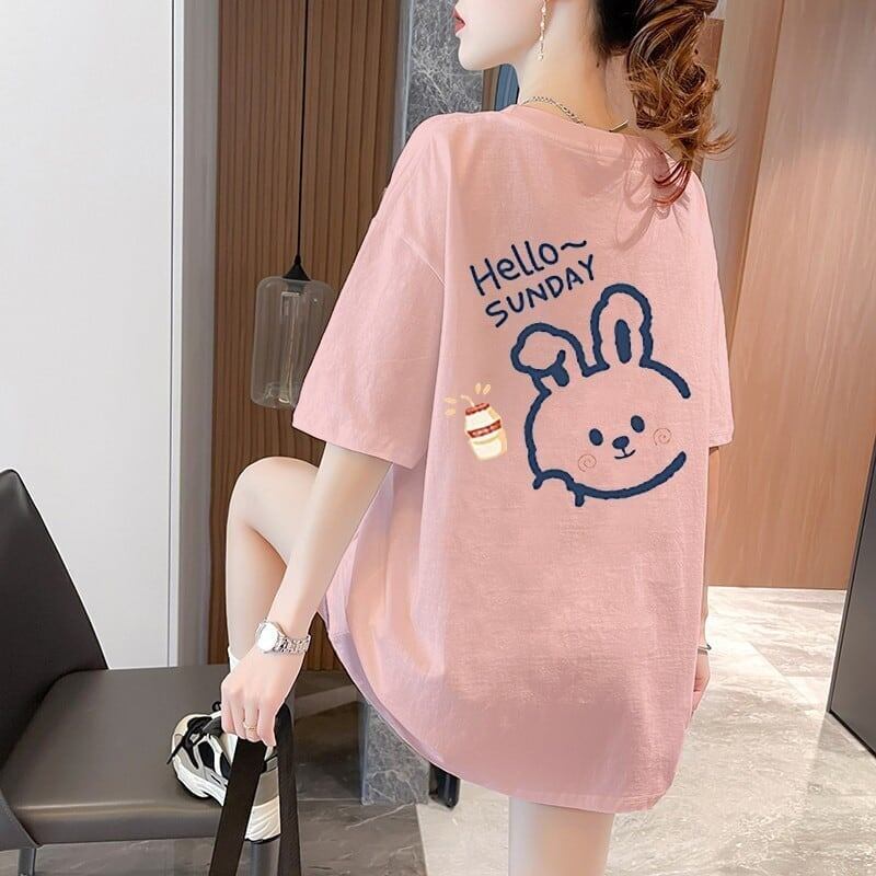 韓国系 アルファベット 可愛いウサギちゃん プリントTシャツ ゆったり半袖＜S-2969＞
