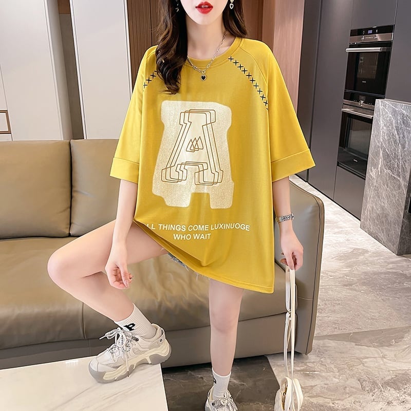 超人気商品 ロング アルファベット プリントTシャツ 三色 ゆったり半袖 ＜S-4019＞