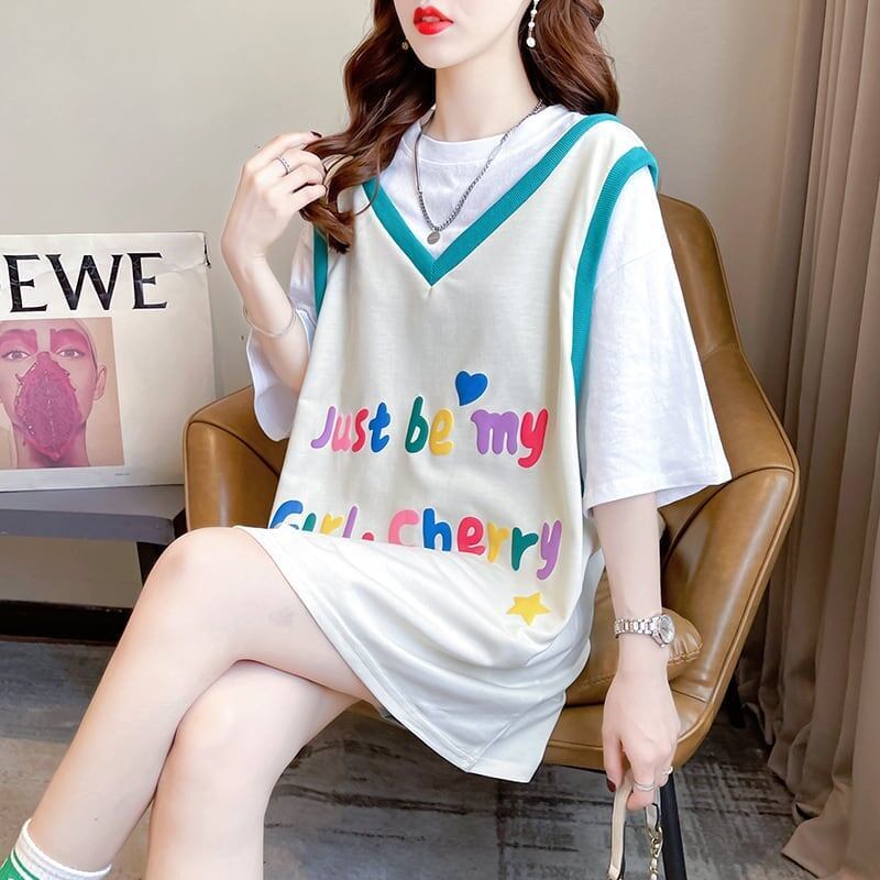 絶対欲しい レイヤード アルファベット Tシャツ ゆったり ロング 半袖 ＜S-2943＞