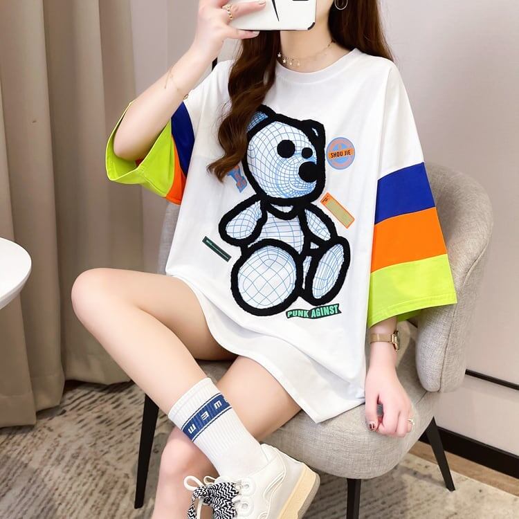 超人気商品 カラーマッチング ベアー柄 切り替え プリント ロング Tシャツ ゆったりワンピース ＜S-4024＞
