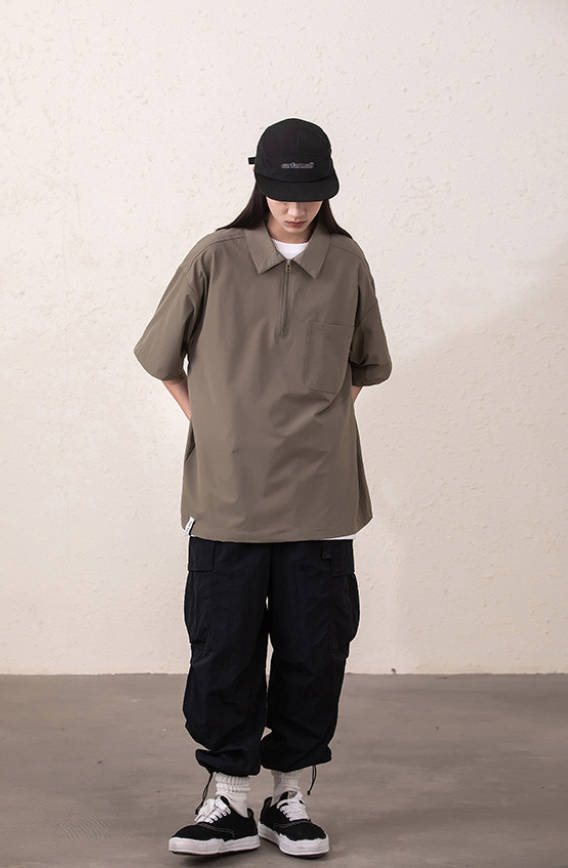 ルーズシルエット ハーフジップ 速乾 半袖 Tシャツ<S-13119>