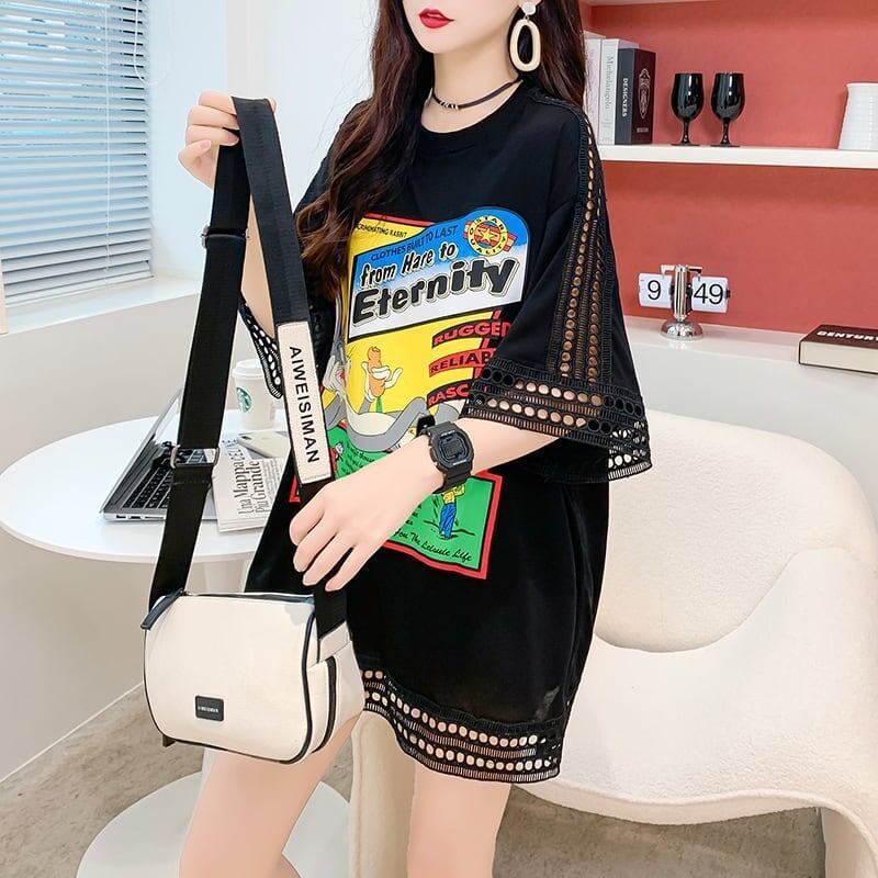 デザインセンス中空プリントTシャツルーズトップス<S-2877>