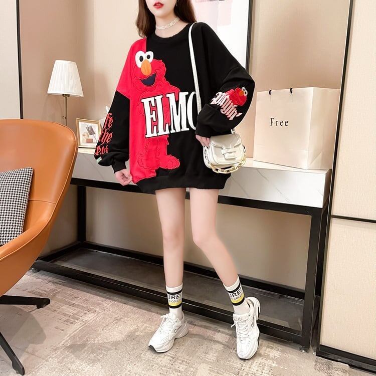 ゆったりとした重工業刺繍漫画長袖トップ<S-5083>