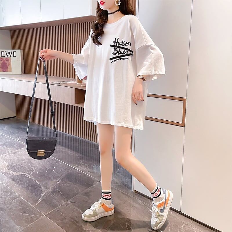 【人気商品再入荷！】   デザイン個性ゆったりミドル丈半袖Tシャツ<S-3036>