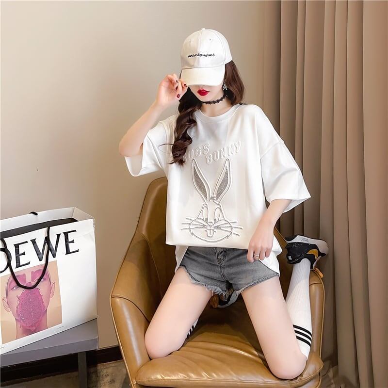 美人度アップ ウサギ ビジュー ロング Tシャツ 三色 ゆったり半袖＜S-2945＞