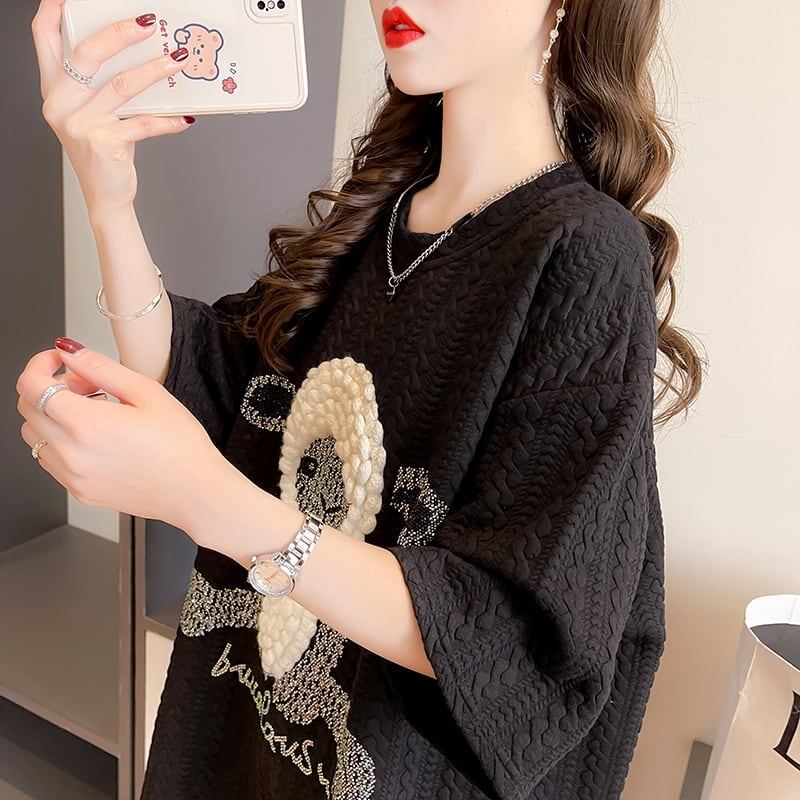 高級立体ハンドビーズコットン半袖Tシャツ<S-2998>