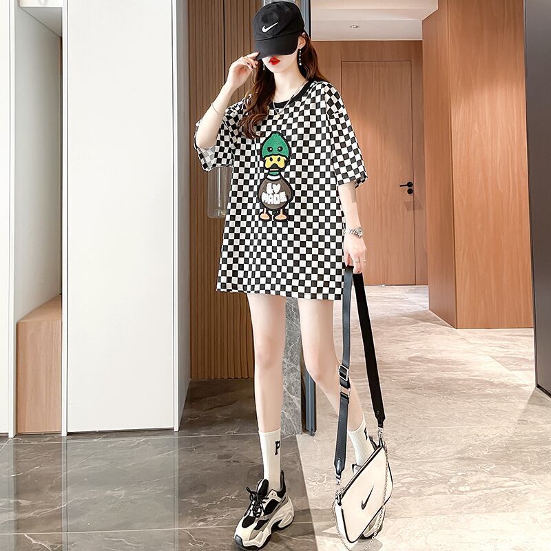 新商品 プリントTシャツ チェック柄 ゆったり半袖＜S-8694＞