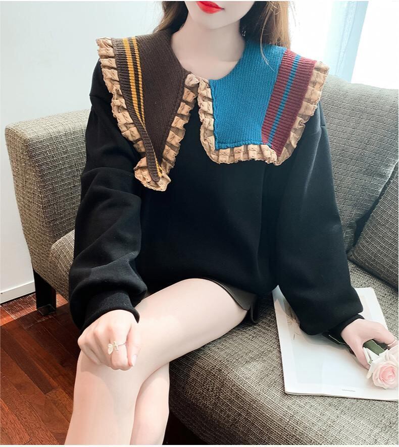 【秋の初めの割引！！】好感度UP フリル 折り襟 二色 配色 スウェット長袖Tシャツ＜S-3999＞