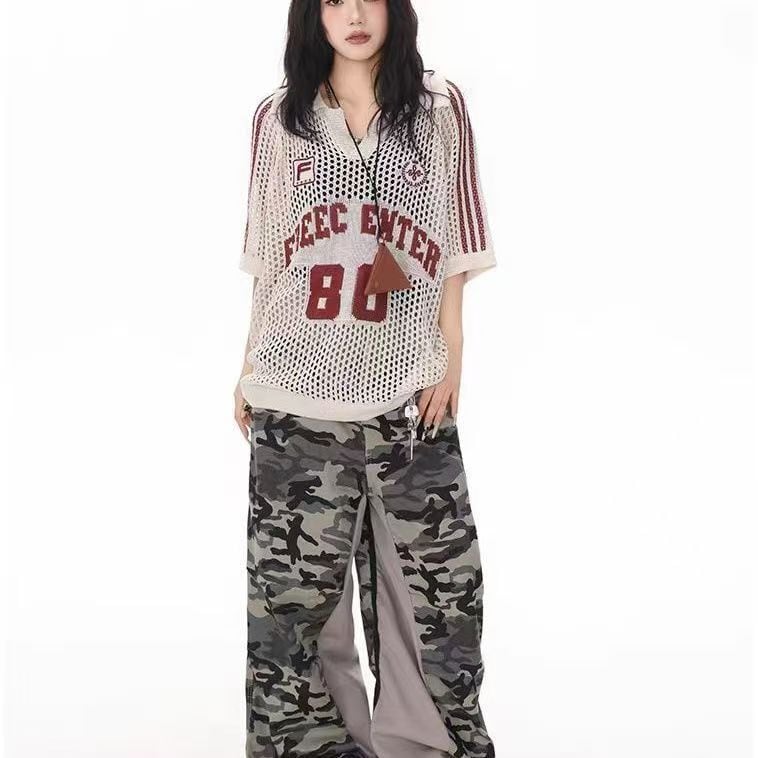 人気 プリント 透かし編み 半袖 Tシャツ <S-13183>