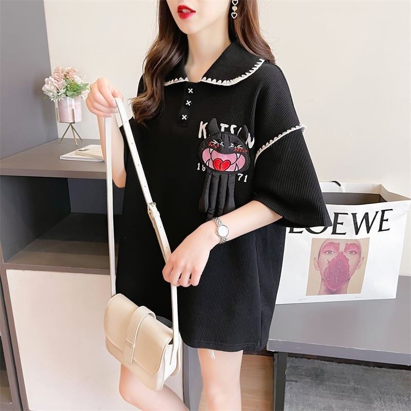美人度アップ 折り襟 ワッフル ぬいぐるみ付き ロング Tシャツ ゆったり半袖 ＜S-2930＞