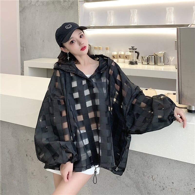 大人気 チェック柄 ゆったり 日焼け対策 UVカット 冷房対策 着?せ 長袖 フード付き シャツ ＜S-1910＞