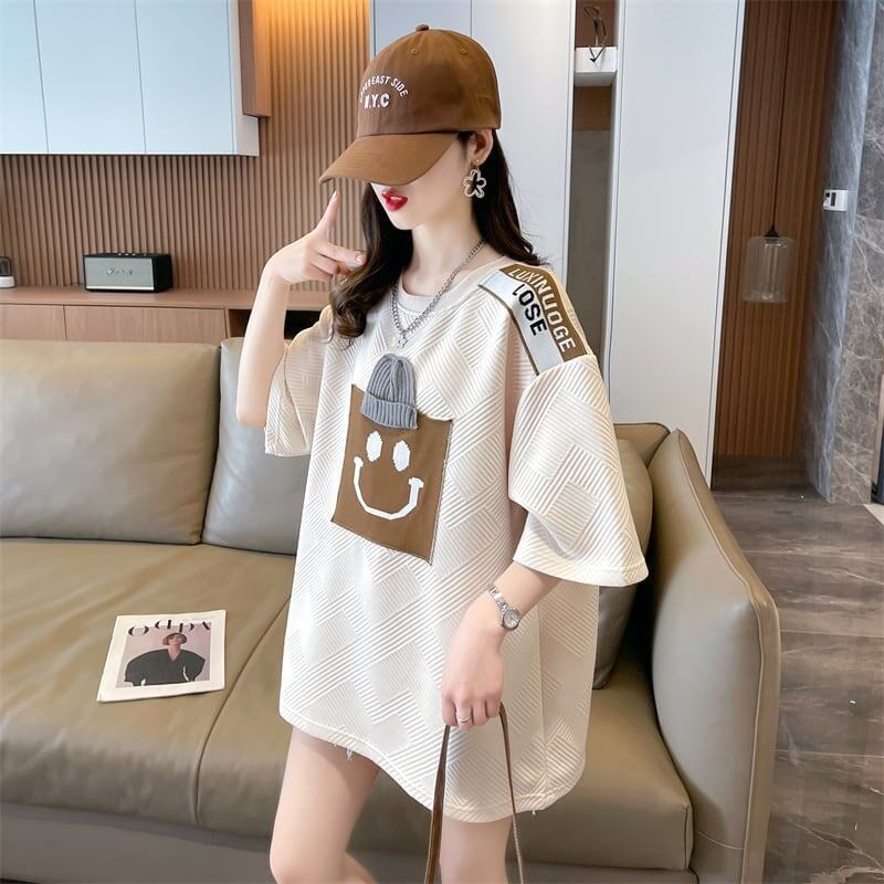 エレガントな立体ジャガードルーズウールパッチステッチ半袖Tシャツ<S-2901>