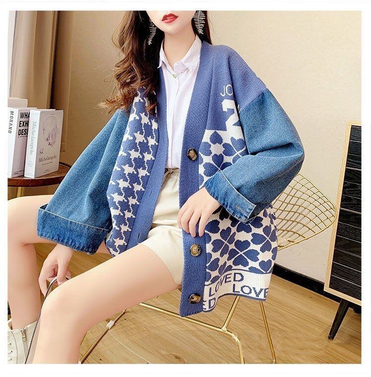 都市ファッショ デザイン オシャレ デニム切り替え 全2色 ニットカーディガン<S-9377>