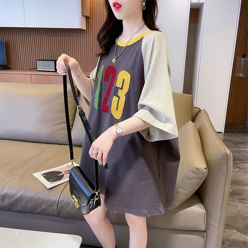 絶対欲しい カラーマッチング 数字刺 ロング Tシャツ ゆったり 半袖 ＜S-2896＞