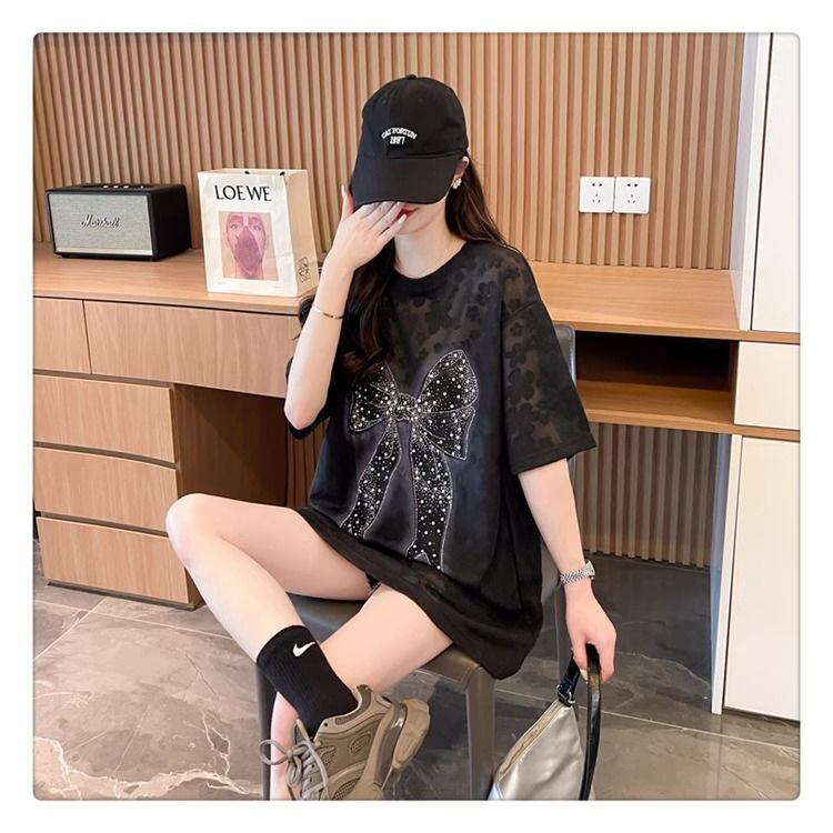 大人可愛い リボン カジュアル デザイン ゆったり 半袖 Tシャツ＜S-8659＞