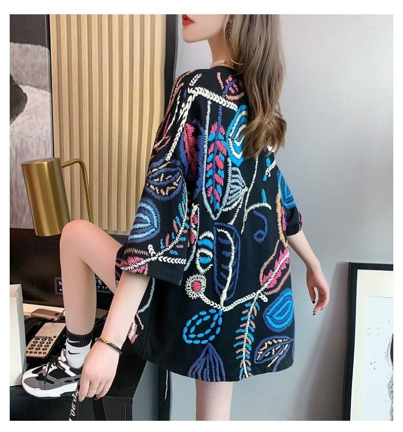 韓国系 ロング 刺繍 Tシャツ 三色 ゆったり半袖 ＜S-2847＞