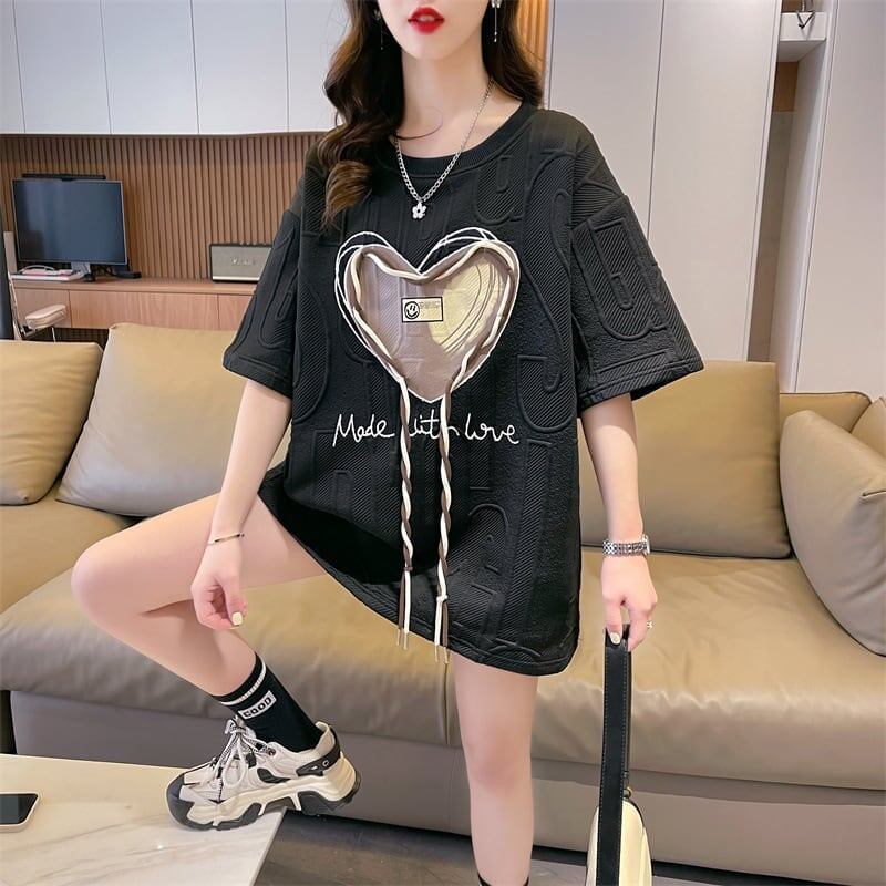 着心地良い ハート 立体風 プリントTシャツ 三色 ゆったり半袖＜S-2933＞