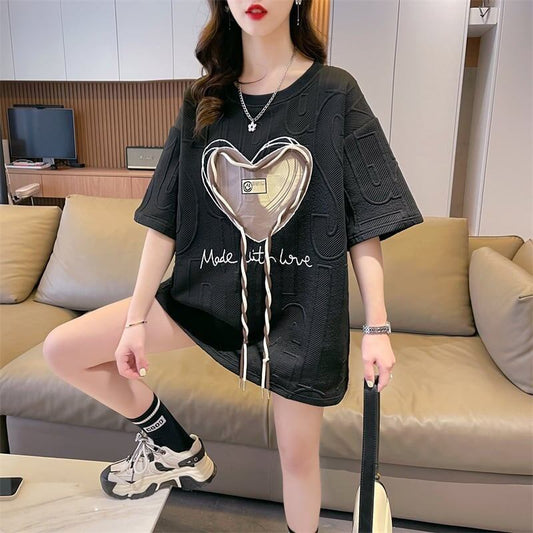 着心地良い ハート 立体風 プリントTシャツ 三色 ゆったり半袖＜S-2933＞