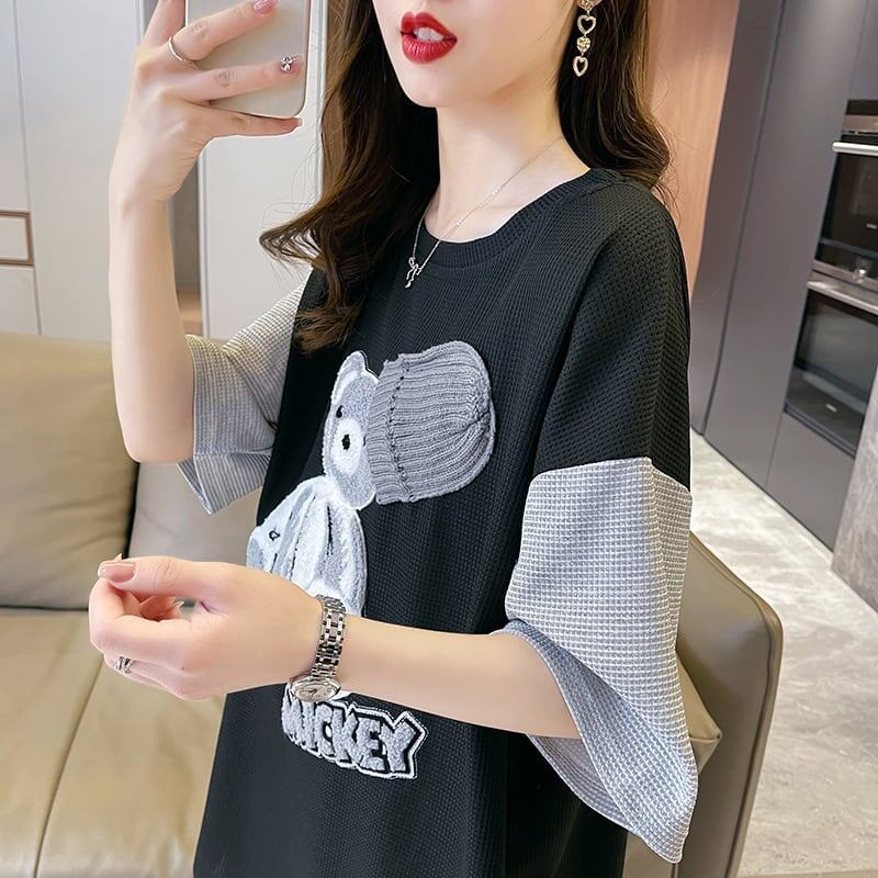 夏新作 カラーマッチング ベアー刺繍 ワッフル ロング Tシャツ ゆったり半袖 ＜S-2850＞