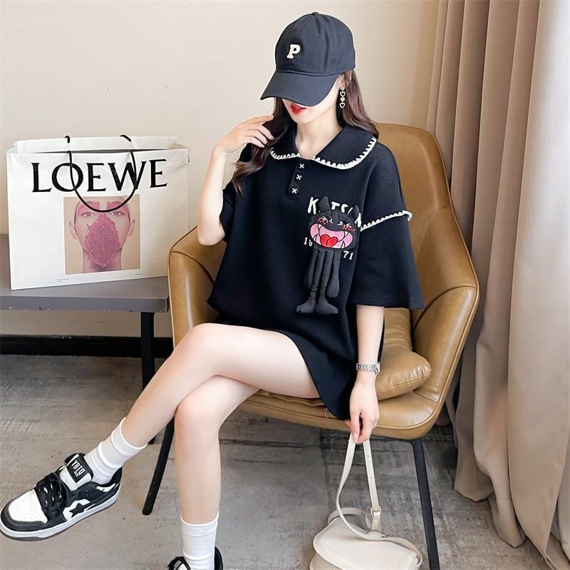 美人度アップ 折り襟 ワッフル ぬいぐるみ付き ロング Tシャツ ゆったり半袖 ＜S-2930＞