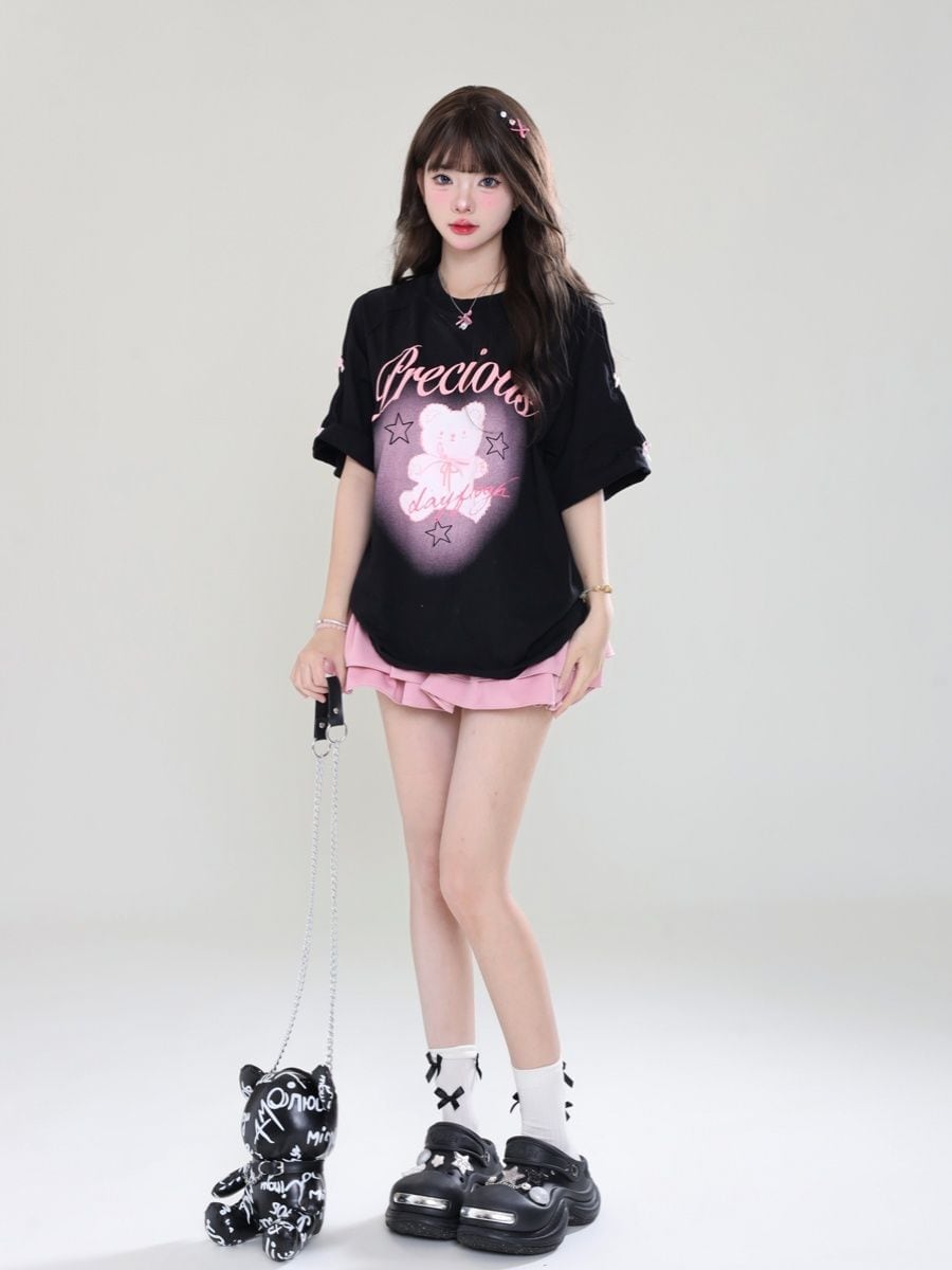 着回し力抜群 レース スウィートプリント 全2色 半袖Tシャツ ＜S-8711＞