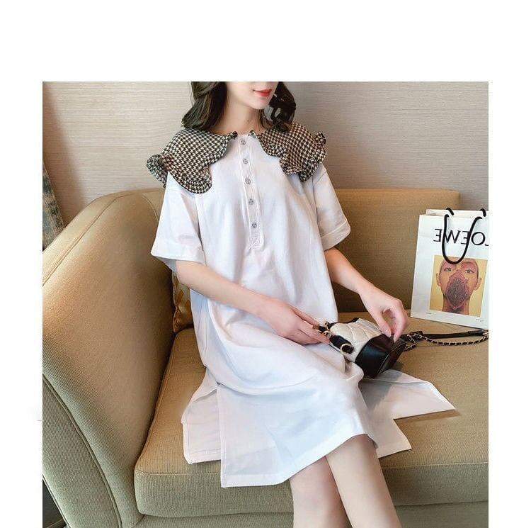 スウィート ロングTシャツ フリル折り襟 ゆったり半袖 ワンピース ＜S-2873＞