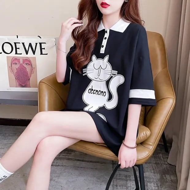 韓国系 猫柄 POLOネック ロング プリントTシャツ ゆったり半袖 ＜S-2894＞