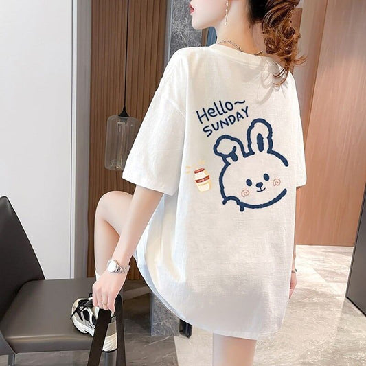 韓国系 アルファベット 可愛いウサギちゃん プリントTシャツ ゆったり半袖＜S-2969＞