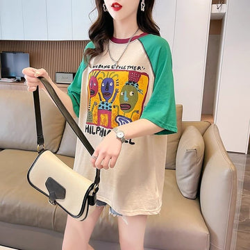デザインセンスアメリカンレトロ漫画プリント半袖Tシャツニッチカラーマッチングトップスイン潮<S-2872>