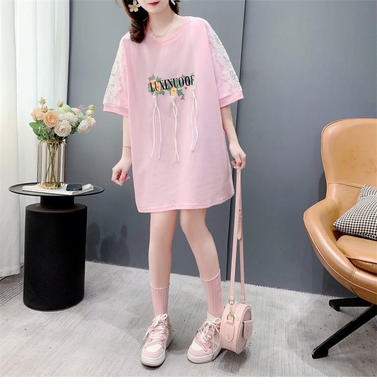 絶対欲しい レース スウィートプリント 切り替え 全2色 半袖Tシャツ ＜S-8656＞