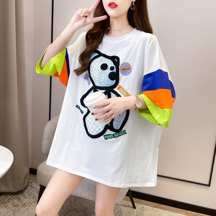 超人気商品 カラーマッチング ベアー柄 切り替え プリント ロング Tシャツ ゆったりワンピース ＜S-4024＞