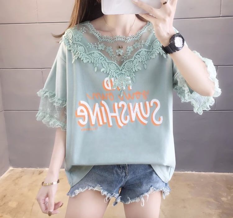 エレガントなレースステッチ半袖Tシャツ<S-3030>