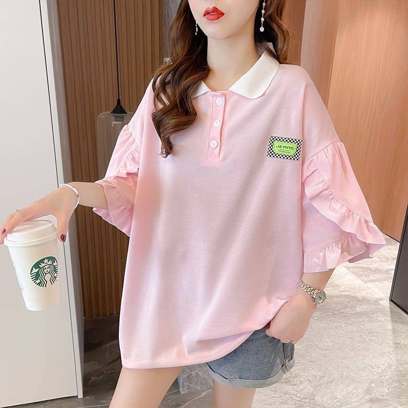 おすすめ POLOネック シンプル フリル ロング Tシャツ 三色 ゆったり半袖 ＜S-3055＞