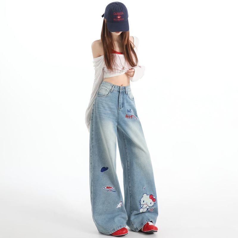ウォッシュ加工 ハイウエスト ワイド デニムパンツ <S-13186>