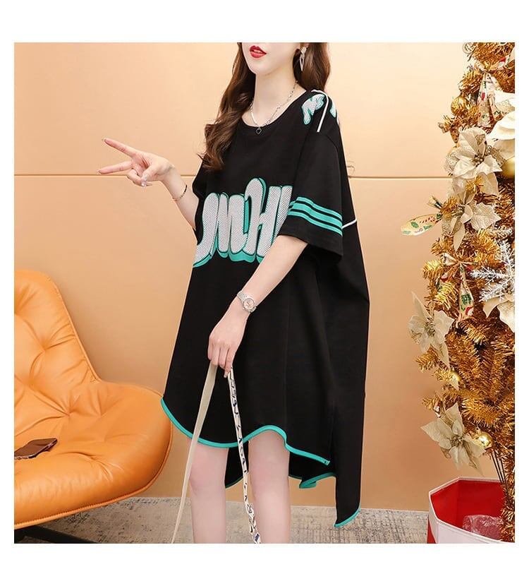 おしゃれ度アップ アルファベット フィッシュテール プリントTシャツ ゆったり半袖＜S-3012＞