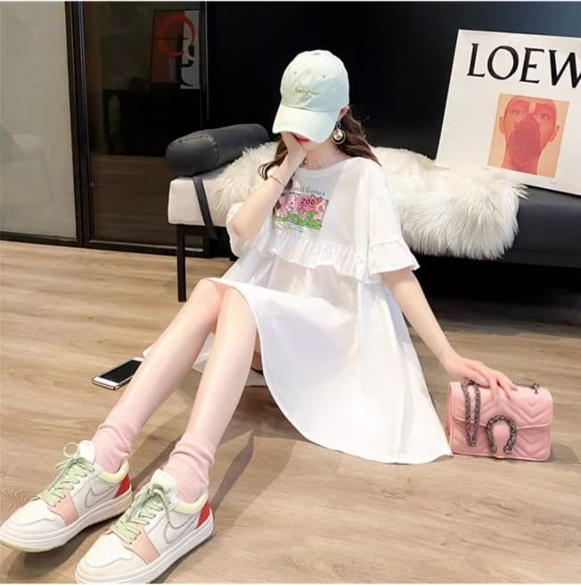 ミドル丈のイレギュラー半袖Tシャツワンピース<S-5007>