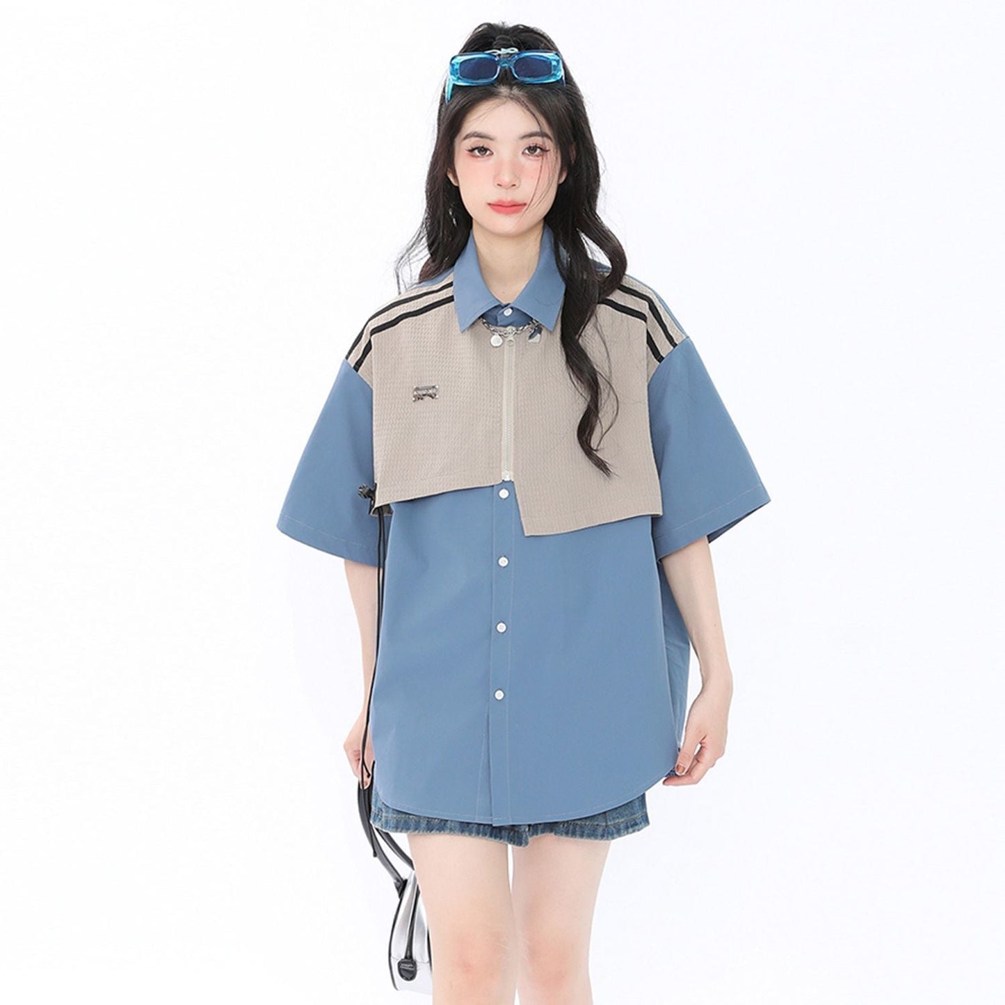 期間限定 ファッション 個性派 レイヤード風 切り替え プリント全3色 男女兼用 半袖Tシャツ<S-9044>